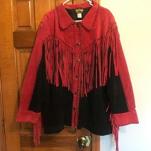 Bob Mackie red and black leather fringe jacket